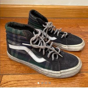 Vans distressed plaid high top sneakers, size 8